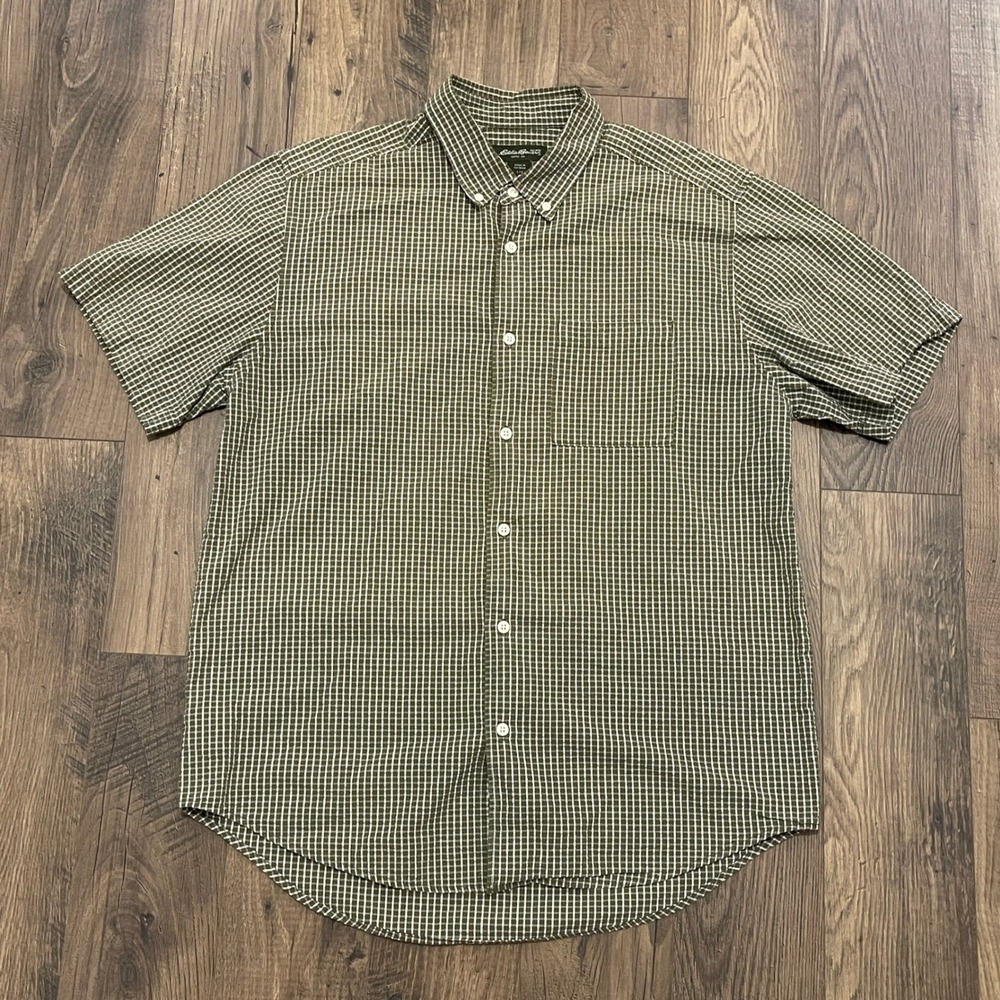 Eddie Bauer Mens Large Olive Green White Micro Check Short Sleeve Shirt SU7128